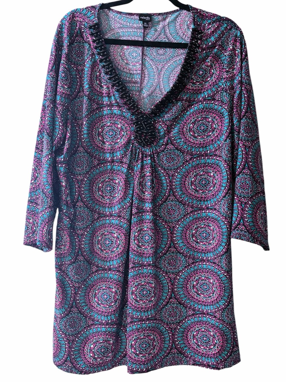 Rafaella Plus Size Boho Geometric Beaded Stretch Knit Top 1X EUC